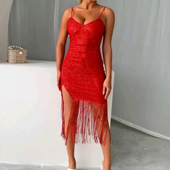 open lace back dress Sequin Asymmetric Chain Drape Backless Cross Wrap V Neck High Slit Leg Maxi  Dress - Red main image 0